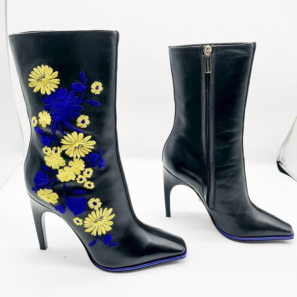 Versace Black Leather Floral Embroidery Boots/Booties - Picture 2 of 4